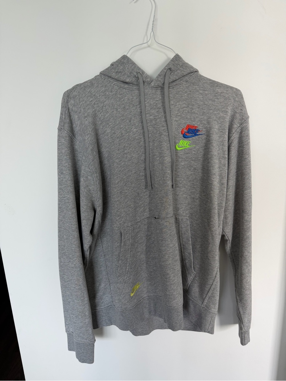 Nike Gray Hoodie with Neon Green and Red Logo Accents
